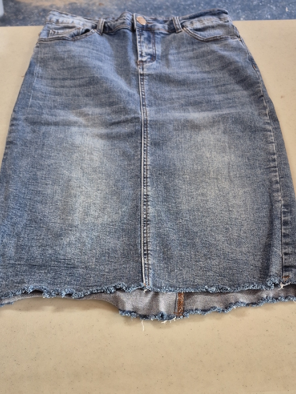 Light Blue Denim Pencil Skirt with Frayed Hem